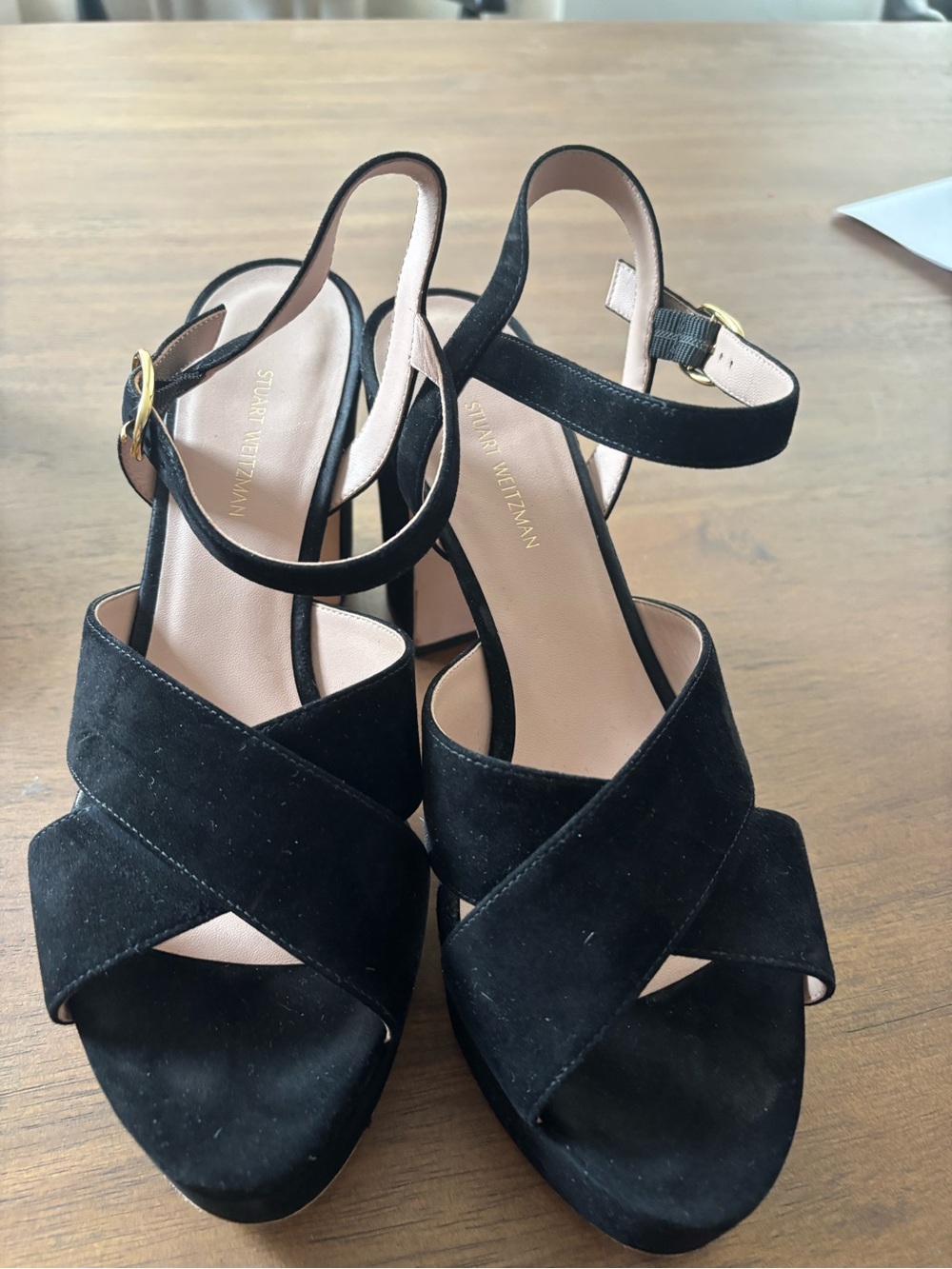 Stuart Weitzman Black Suede Crisscross Platform Sandals with Ankle Strap